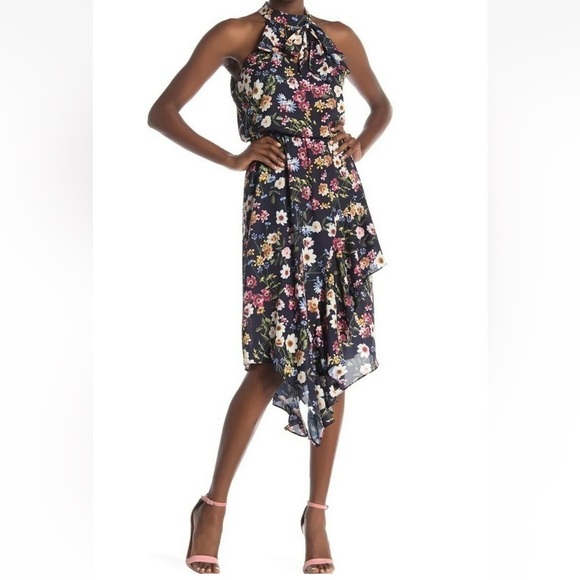 PARKER FLORAL HIGH Halter NECK SLEEVELESS ASYMMETRICAL DRESS COSMIC DAISY Sz M - Picture 1 of 15